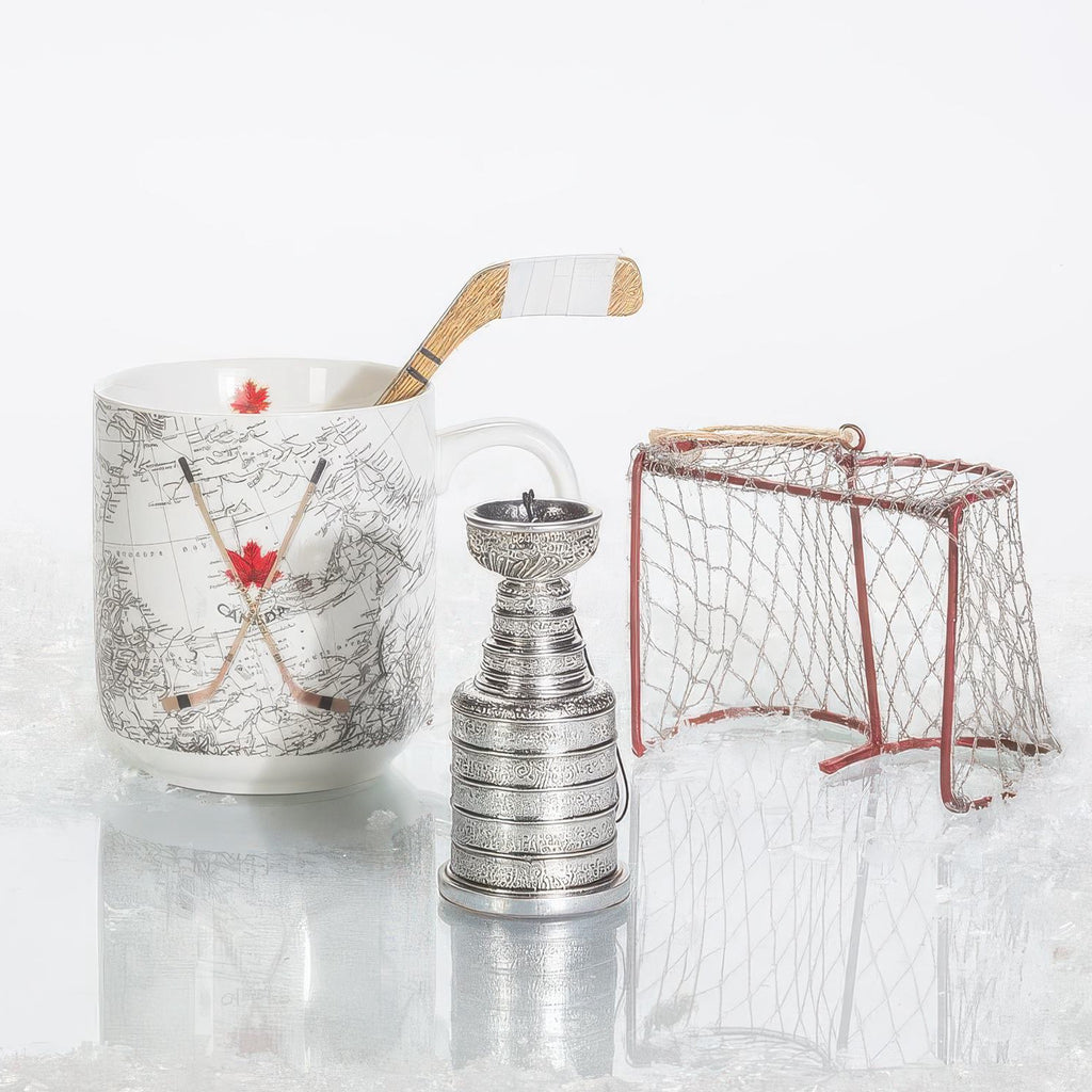 Hockey Sticks & Map Mug on table.