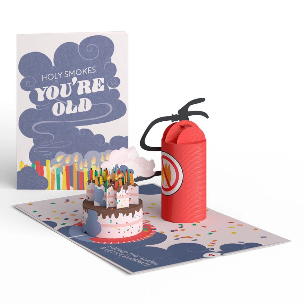 Holy Smokes You're Old Birthday Pop-Up Card open and closed.