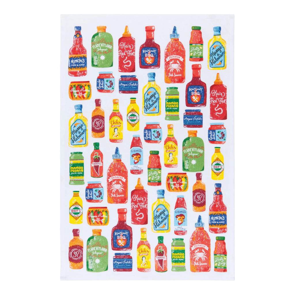 Hot Sauce Printed Dishtowel - with hot sauces.