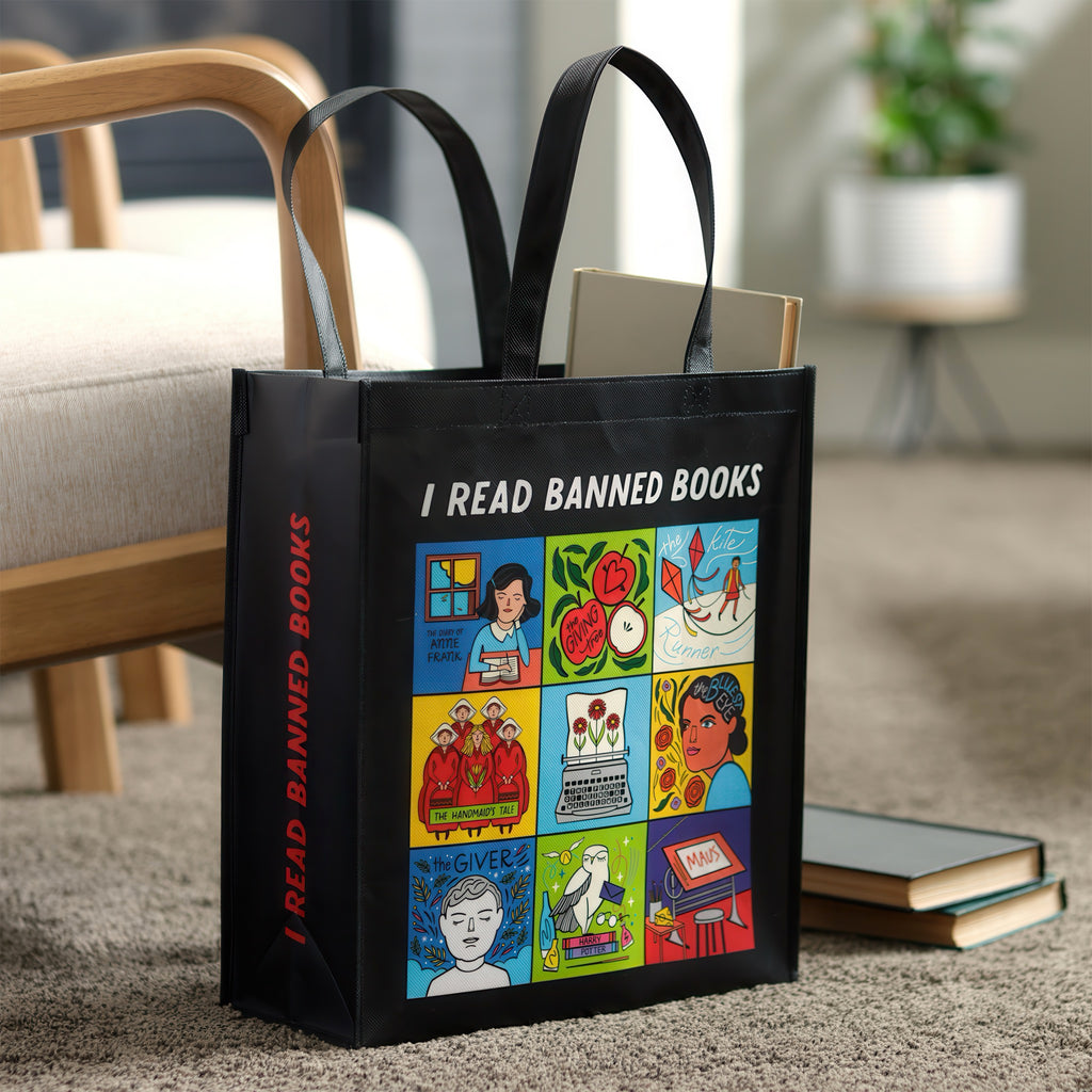 I Read Banned Books Reusable Shopping Bag on floor.