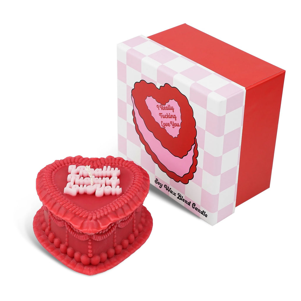 I Really Fucking Love You Heart Candle packaging.