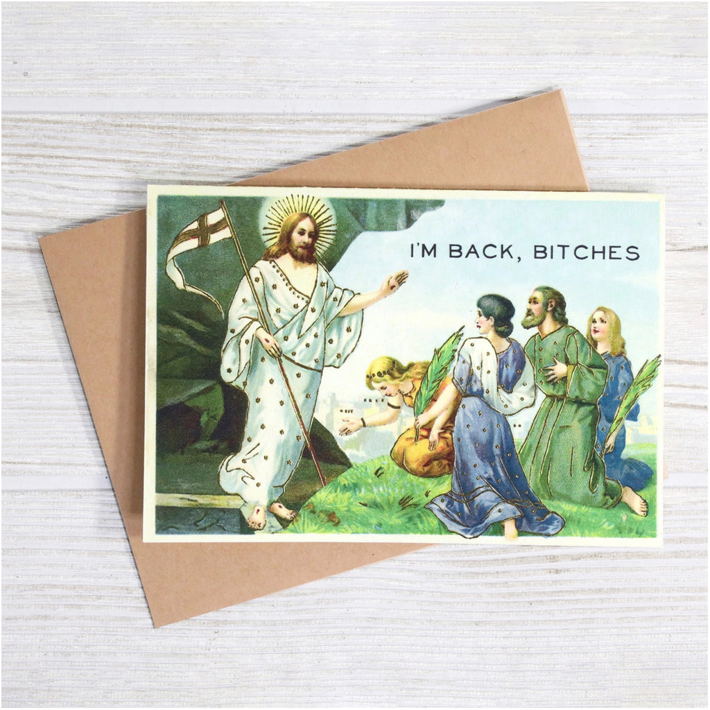 I'm Back Bitches Easter Card on table.