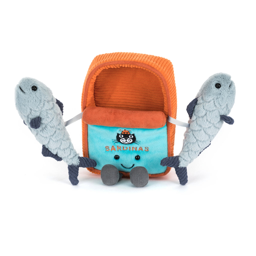Jellycat Amuseables Sardine Tin with sardines on sides.