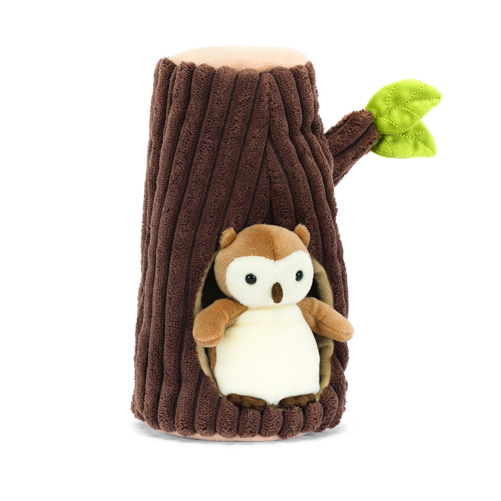 Jellycat Forest Fauna Owl with owl besides tree.