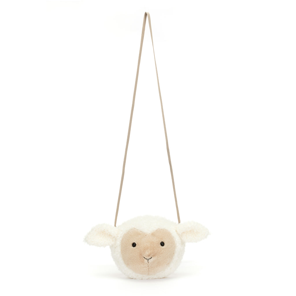 Jellycat Little Lamb Bag with strap extended.