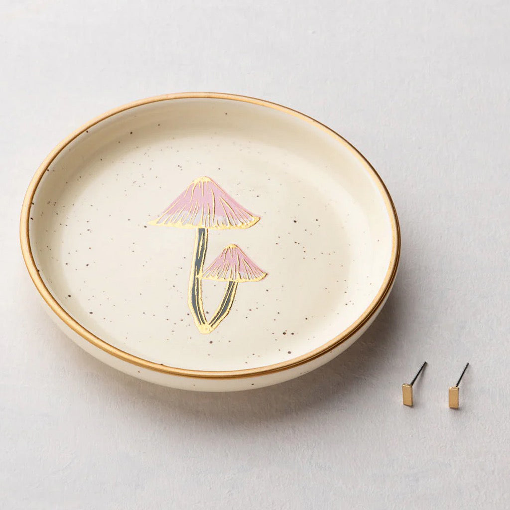 Jewelry Dish & Stud Earring Set Mushrooms on table.