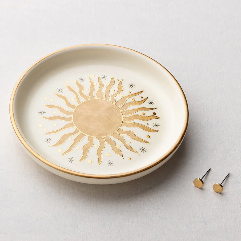 Jewelry Dish & Stud Earring Set Sun Rays on table.