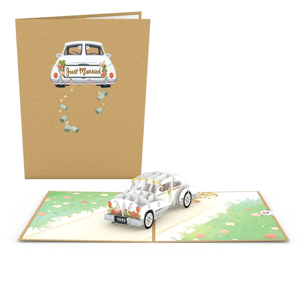 Just Married Wedding Car Pop-Up Card showing front and inside.