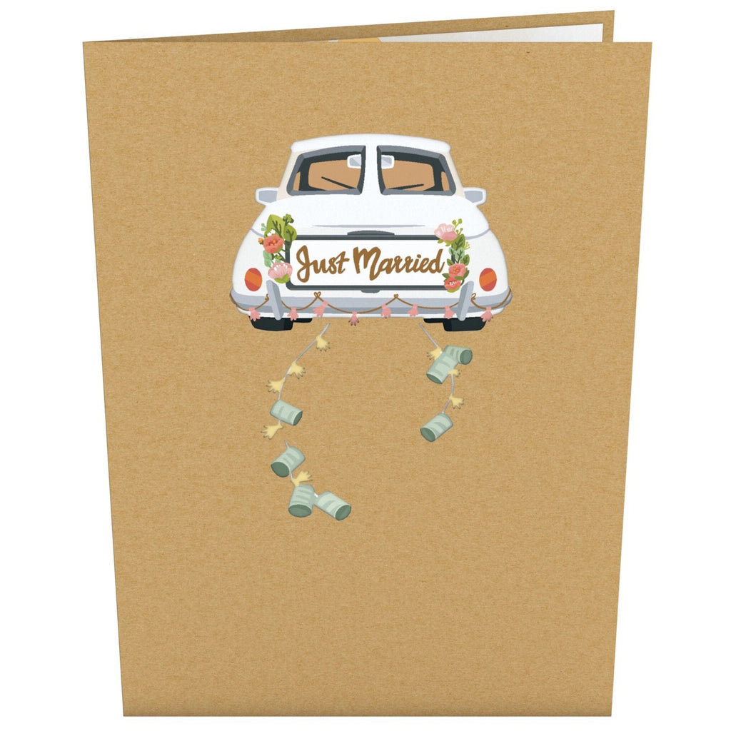 Just Married Wedding Car Pop-Up Card showing front.