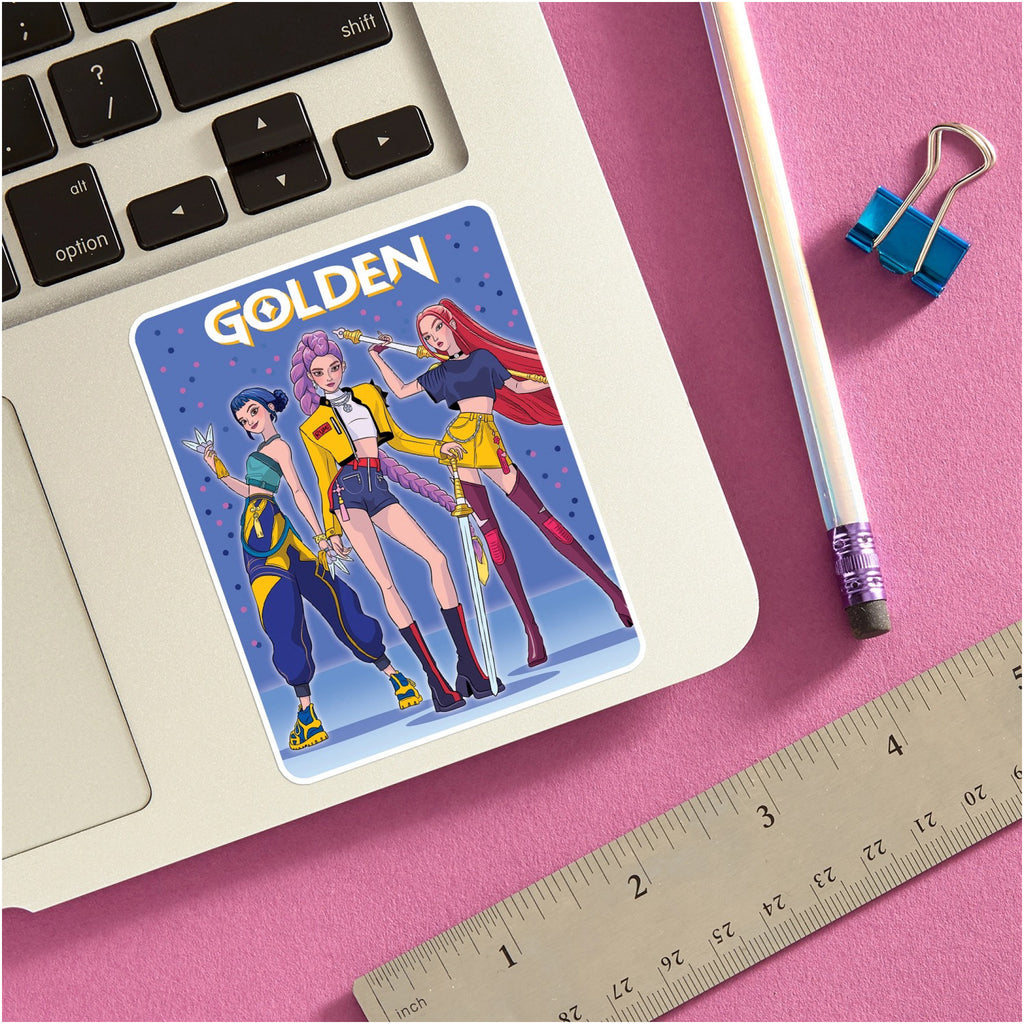K-Pop Demon Hunters Golden Die Cut Sticker on computer.