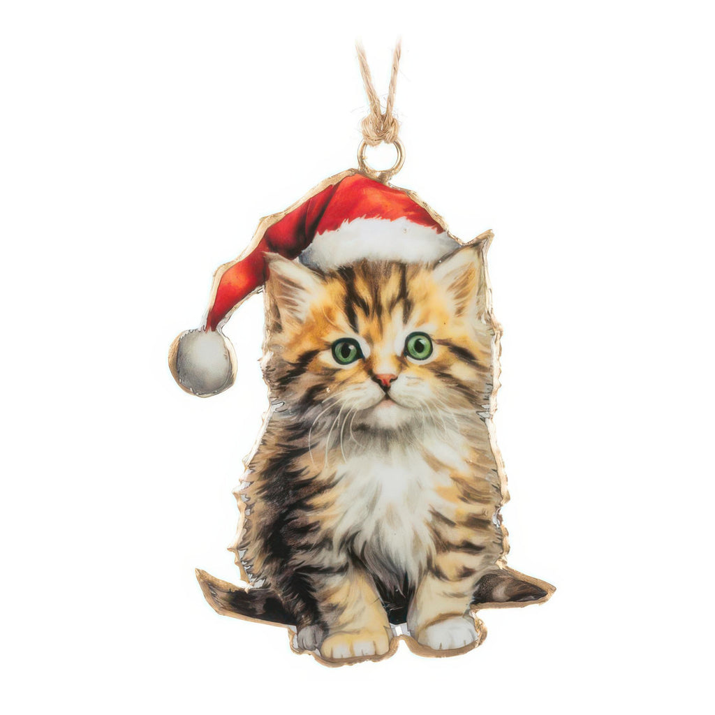 Kitten With Santa Hat Metal Ornament.