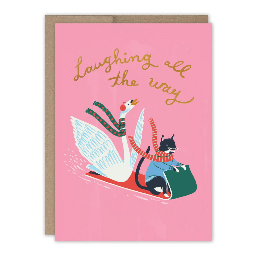 Laughing All The Way Swan & Cat Holiday Card.