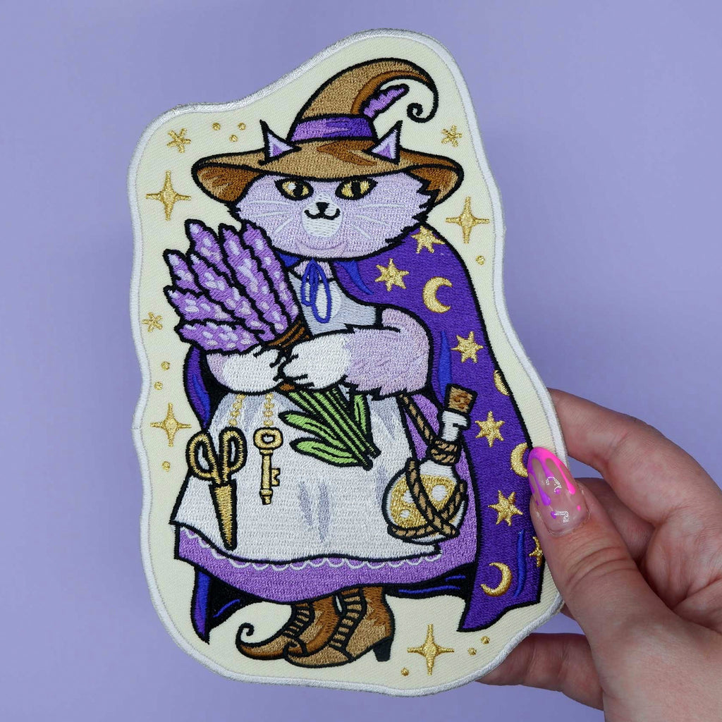 Lavender Cat Witch Giant Embroidered Patch .