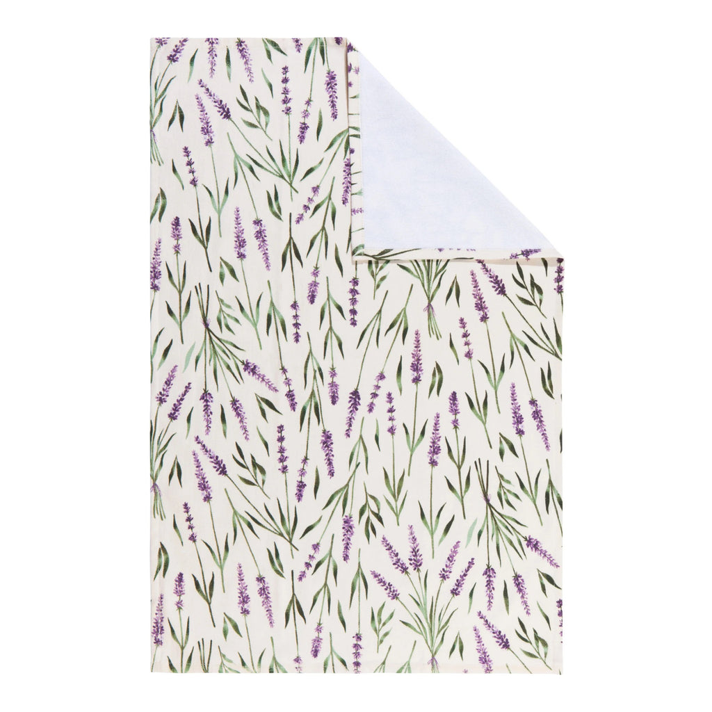 Lavender Printed Terry Dishtowel with corner folded.