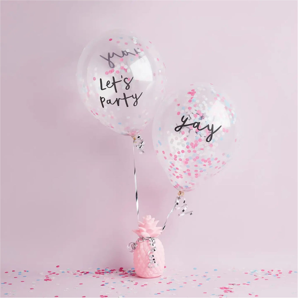 Let's Party' & 'Yay' Pastel Confetti Filled Latex Balloons in use.