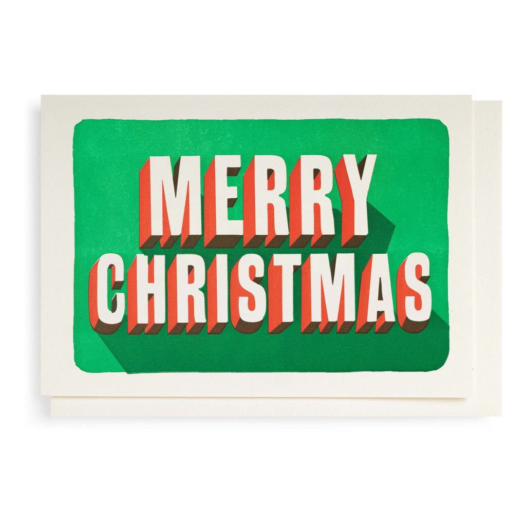 Letterpress Merry Christmas On Green Card.