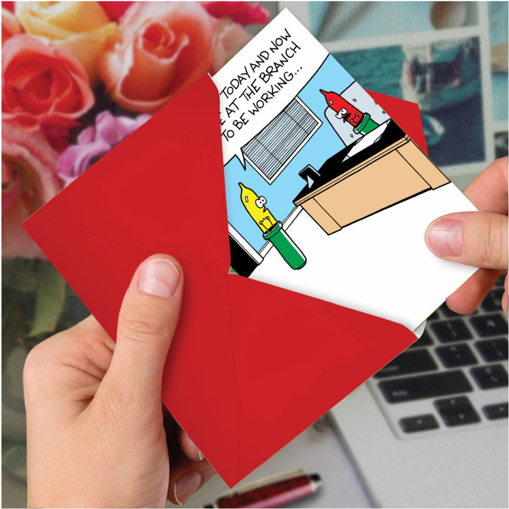 Lights Out Christmas Card in hand.