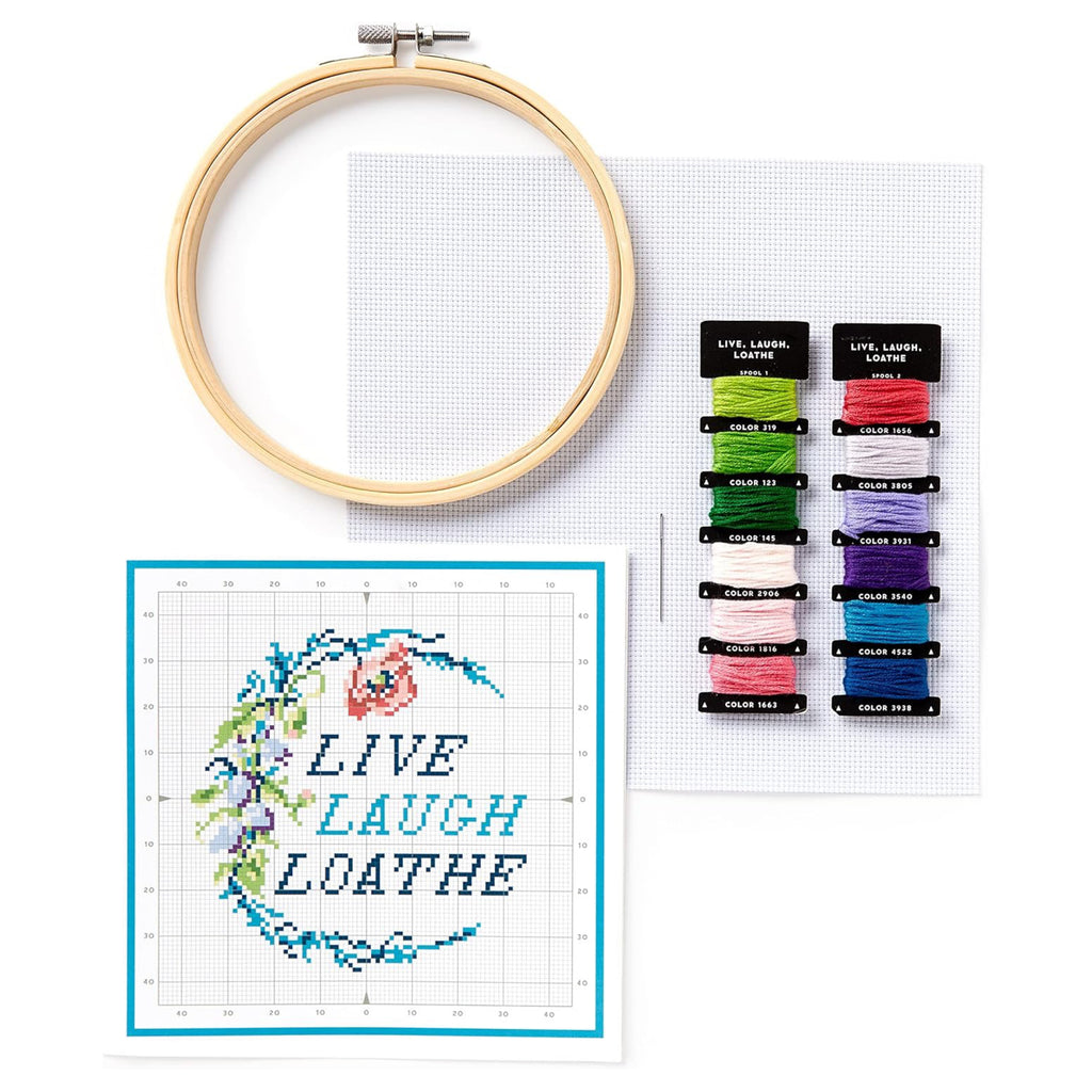 Live Laugh Loathe Cross Stitch Kit contents.