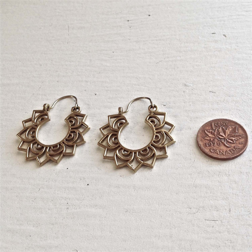 Lotus Mandala Earrings Brass with penny.