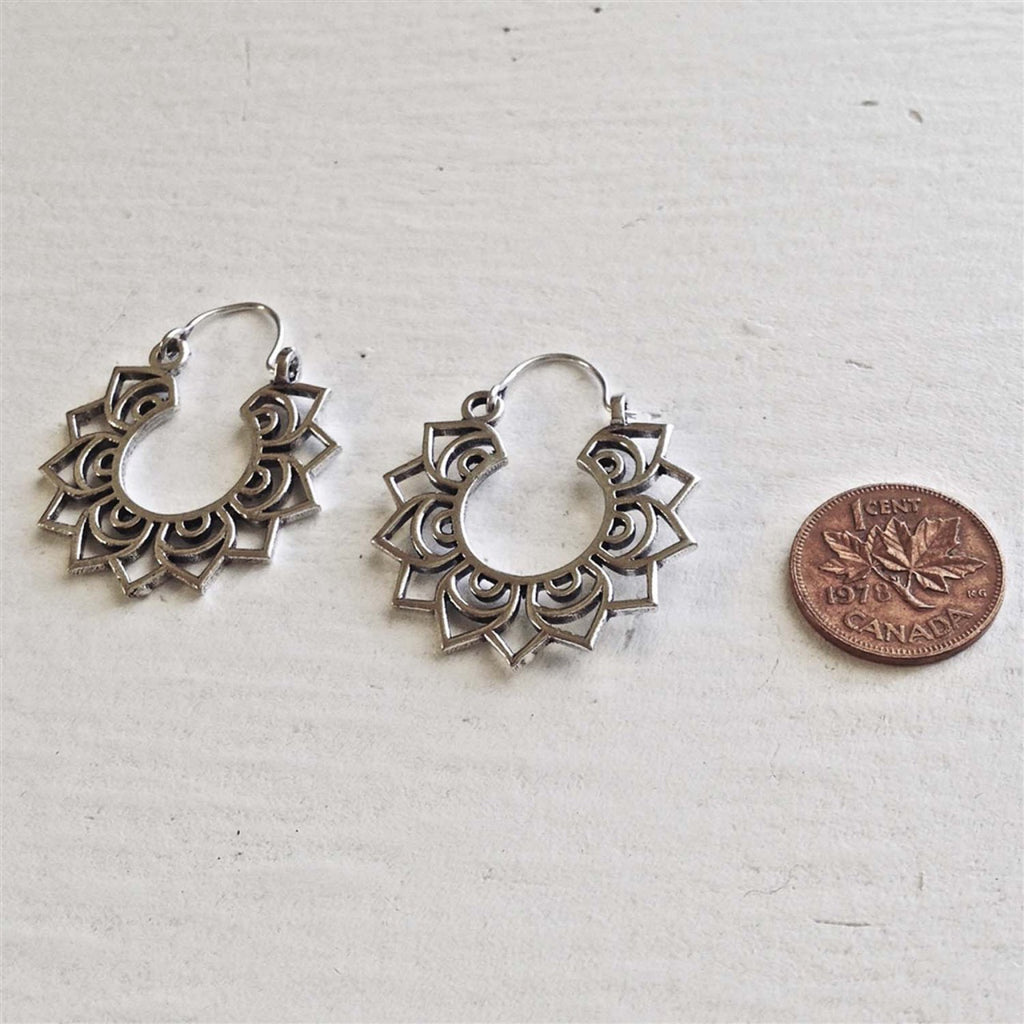 Lotus Mandala Earrings Silver with penny.