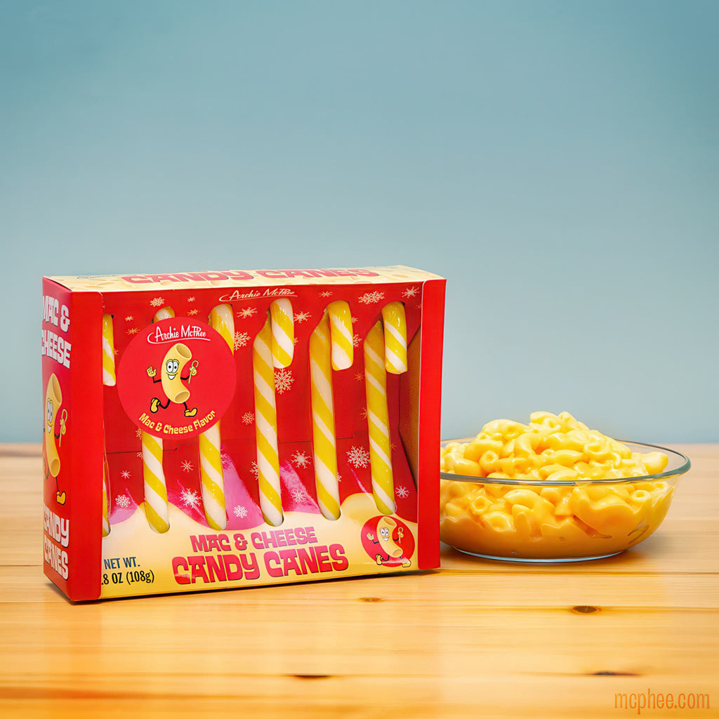 Mac-N-Cheese Candy Canes on table.