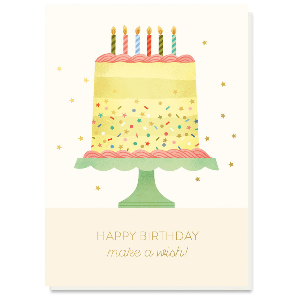 Make A Wish Yellow Cake Birthday Card.