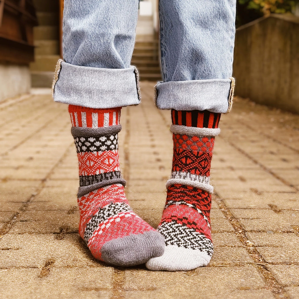 Mercury Mismatched Crew Socks - person standing with.