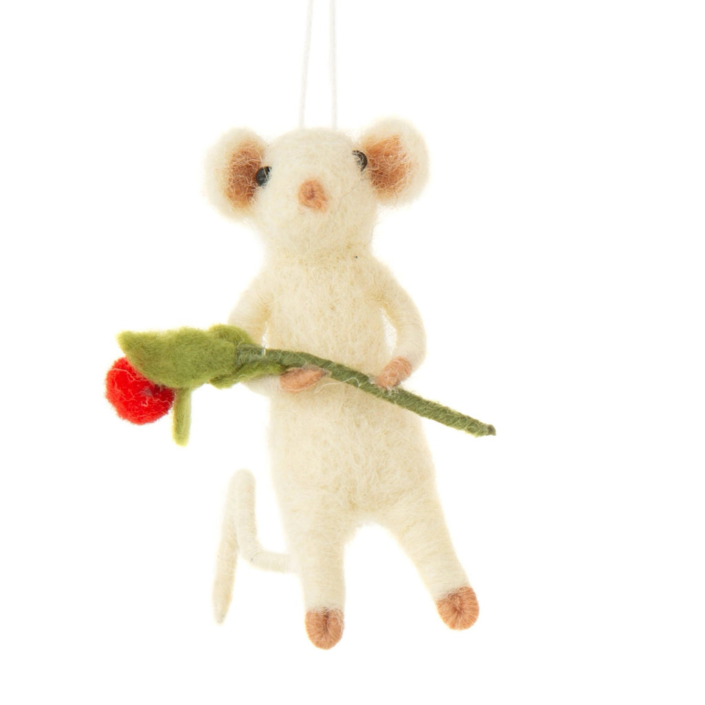 Mini Felt Mouse Ornament with rose.