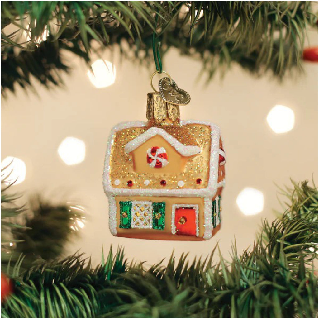 Mini Gingerbread House Ornament in tree.