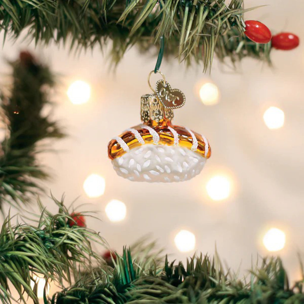 Mini Salmon Sushi Ornament in tree.