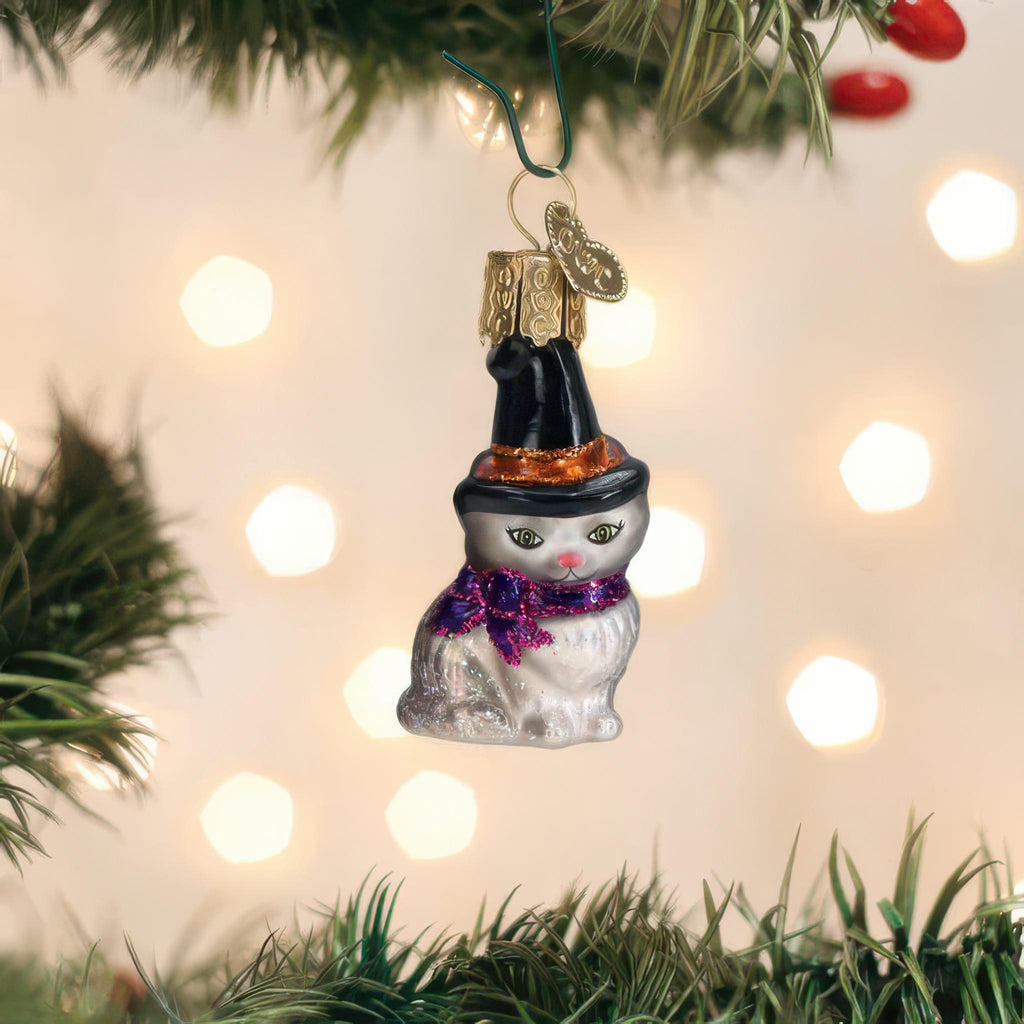 Mini Witch Cat Ornament in tree.