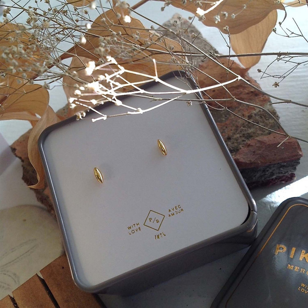 Minimalist Stud Earrings in Gold Vermeil packaging.