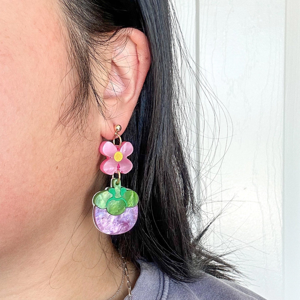 Mismatch Mangosteen Dangle Earrings Person wearing showing other earring.