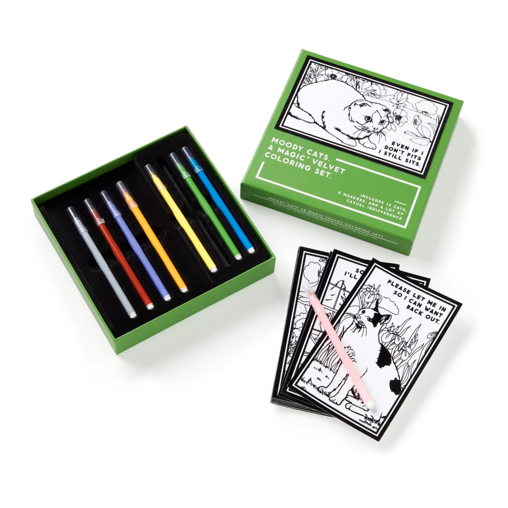 Moody Cats Magic Velvet Coloring Set contents.