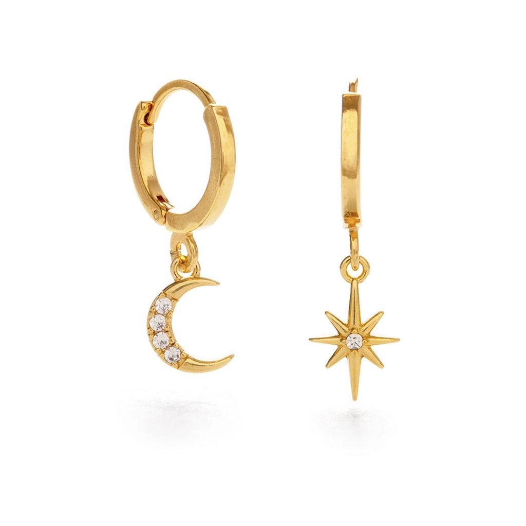 Moon and Star Huggie Hoop Earrings.