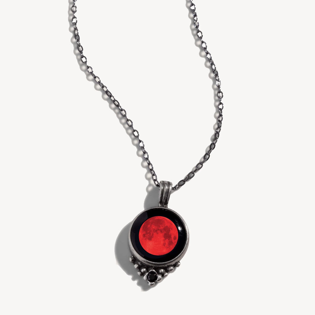 Moon Necklace With Black Crystal Lunar Eclipse.