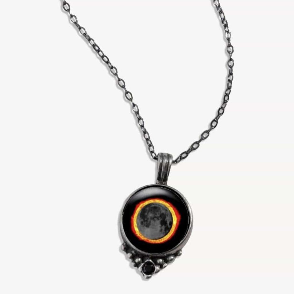 Moon Necklace With Black Crystal Solar Ecliipse.