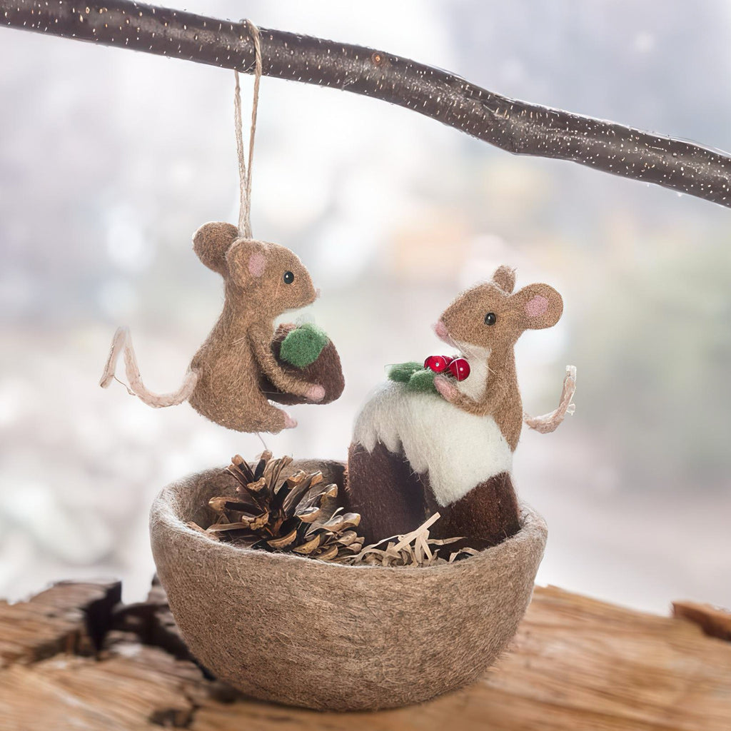 Mouse With Christmas Pudding Ornament hanging.