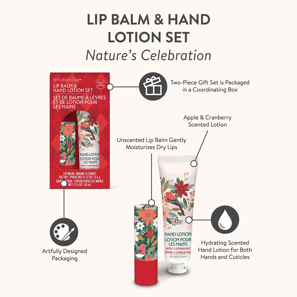 Nature's Celebration Lip Balm & Hand Lotion Set features.