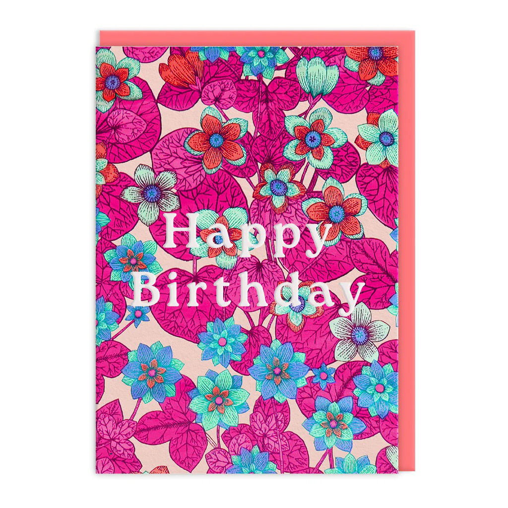 Neon Floral Pink And Blue Birthday Card.