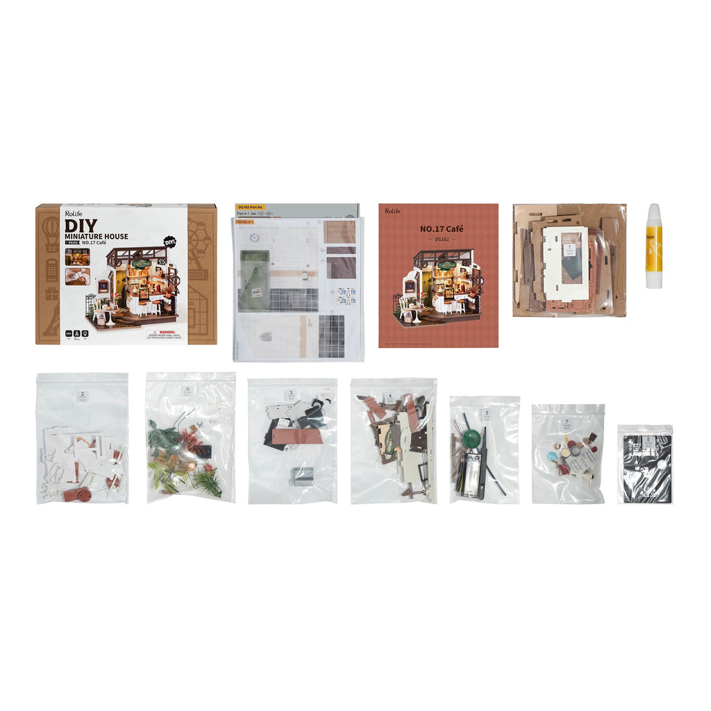 No. 17 Café DIY Miniature House Kit contents.