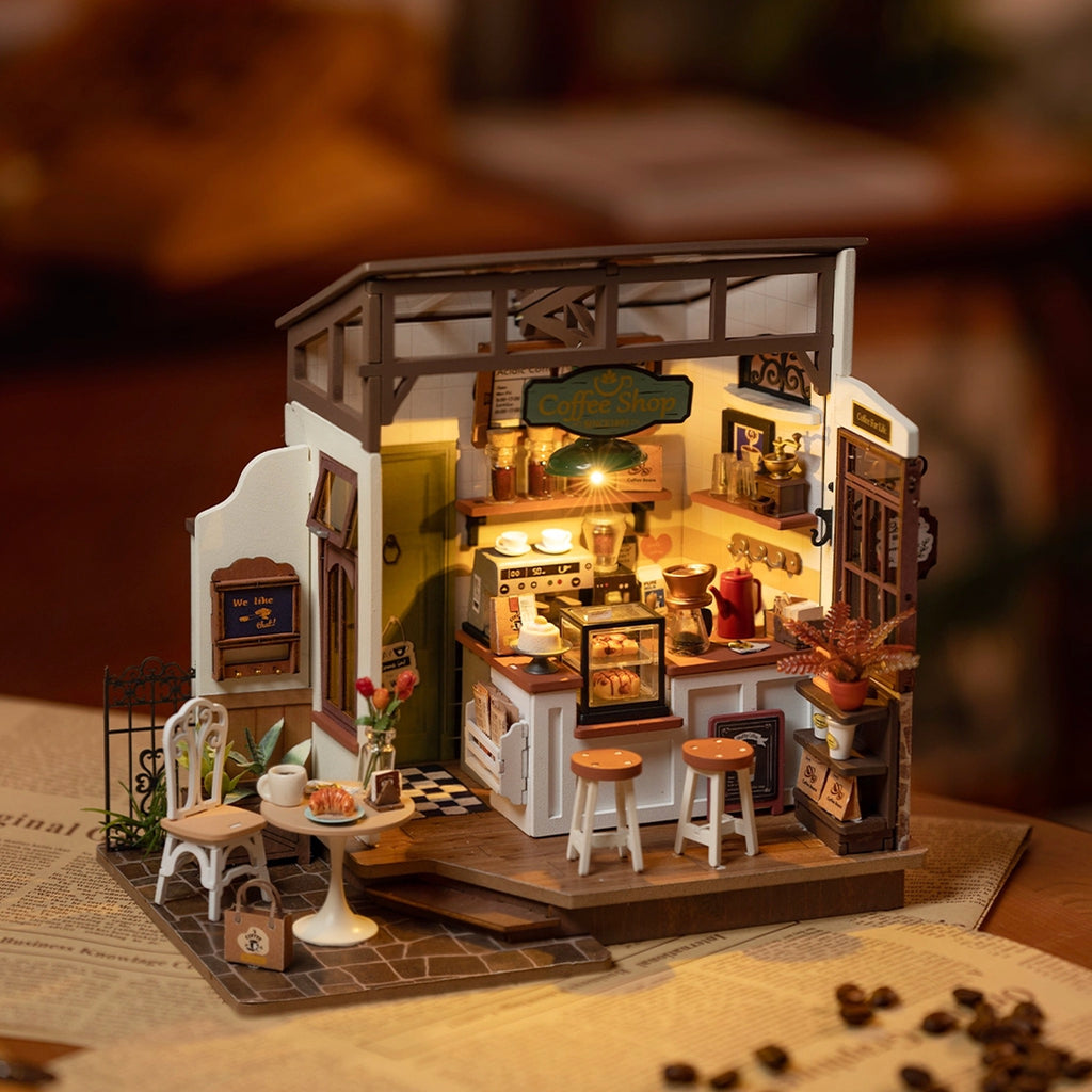 No. 17 Café DIY Miniature House Kit on table.