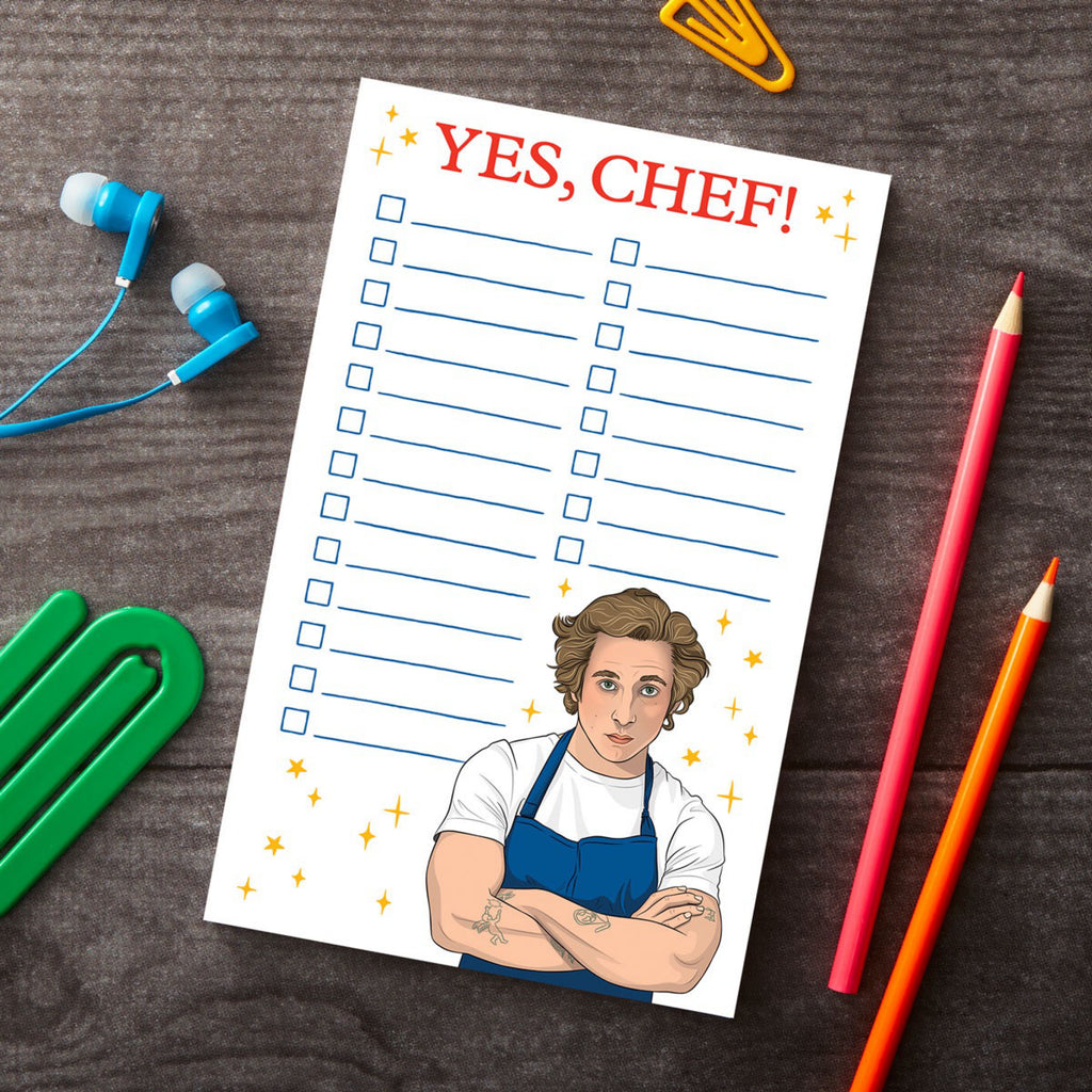 Notepad: Yes, Chef! The Bear Checklist on table.