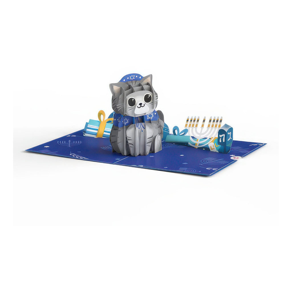 Open view of Happy Hanukkah Cat Pop-Up Card.