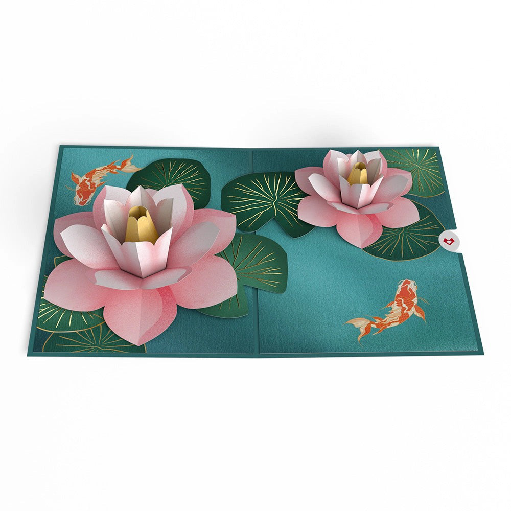 Open view of Koi Fish And Lotus Pond Pop-Up Card.