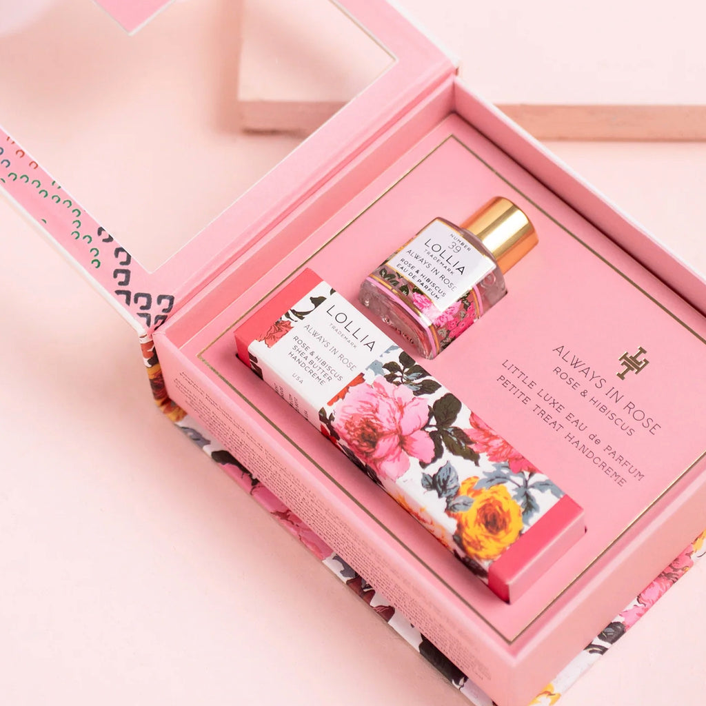 Open view of Lollia Always In Rose Fragrance Story Gift Set.