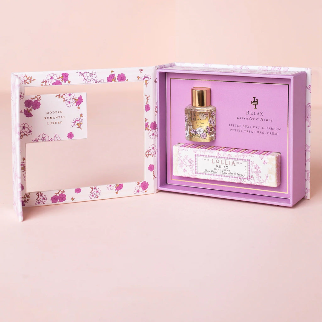 Open view of Lollia Relax Fragrance Story Gift Set.