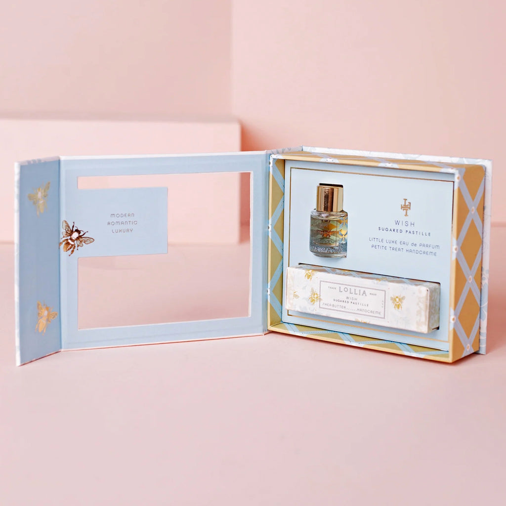 Open view of Lollia Wish Fragrance Story Gift Set.