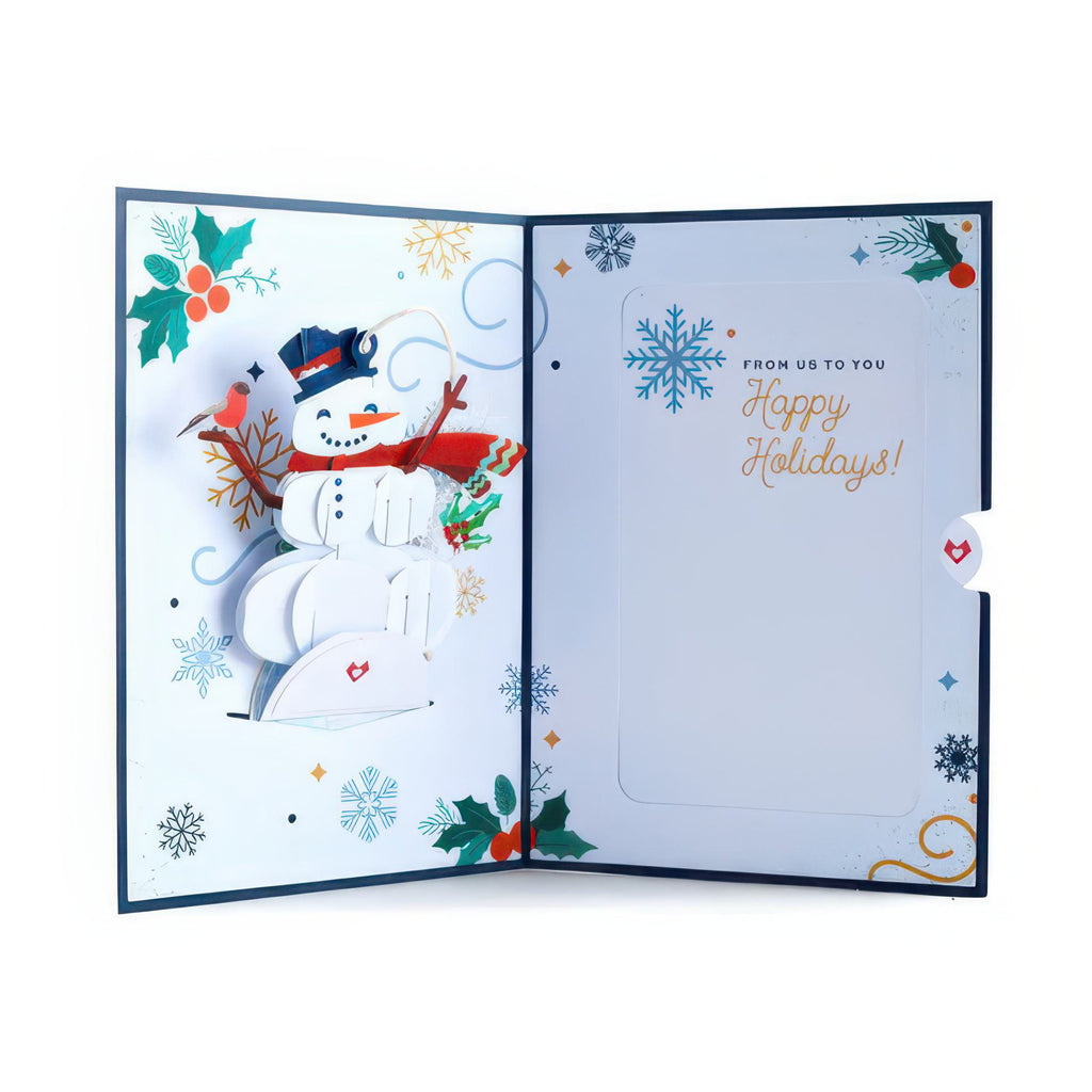 Open view of Lovepop Snowman Card With Ornament.