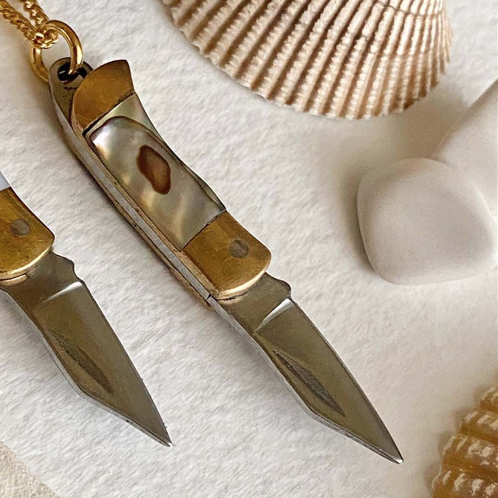 Open view of Pocket Knife Charm Necklace Abalone.